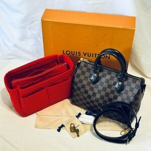 Louis Vuitton Damier Ebene Speedy 25 Bandoulière Handbag with Red Organizer